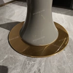 Round Natural Stone Sofa Side Table with Wood Veneer Drum, Upholstered Pedestal and Gold Stainless Steel Base
